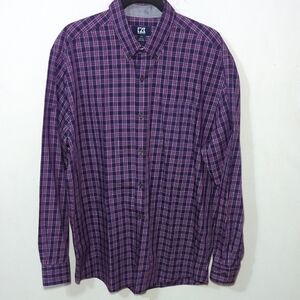 Cutter & Buck Plaid Button-Down Shirt Purple White Egyptian Cotton Men's Size L